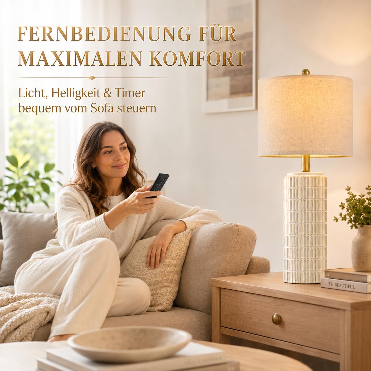 2er Set Tischlampen mit Keramikfuß Leinenschirm, H57cm LED Nachttischlampe mit Timer Speicher Dimmbar 3 Farbtemperaturen, Tischleuchte für Schlafzimmer Wohnzimmer Büro Lese(Inkl. E27-Birnen)