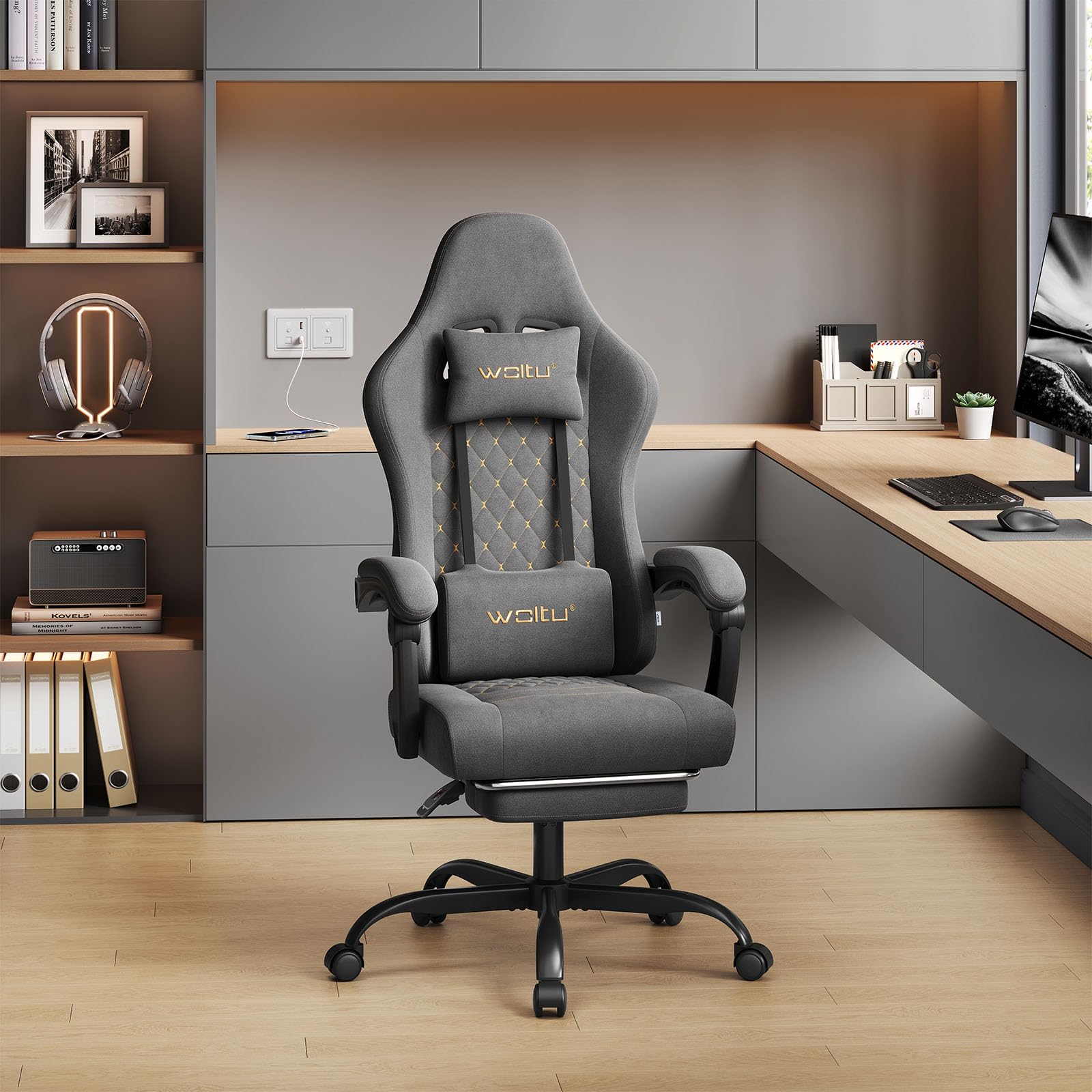 WOLTU Gaming Stuhl mit Massagefunktion, Computerstuhl Ergonomisch, Taschenfederkissen, Lendenmassage, Kopfkissen, Fußstütze, Drehstuhl, 150 kg, Tech-Stoff, Grau+Gelb