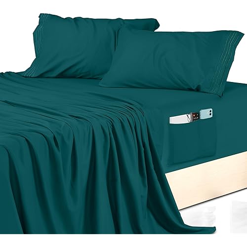 Utopia Bedding King Size Sheet Set – Soft Microfiber 4 Piece Hotel Luxury Bed Sheets with Deep Pockets - Embroidered Pillow Cases - Side Storage Pocket Fitted Sheet - Flat Sheet (Teal)