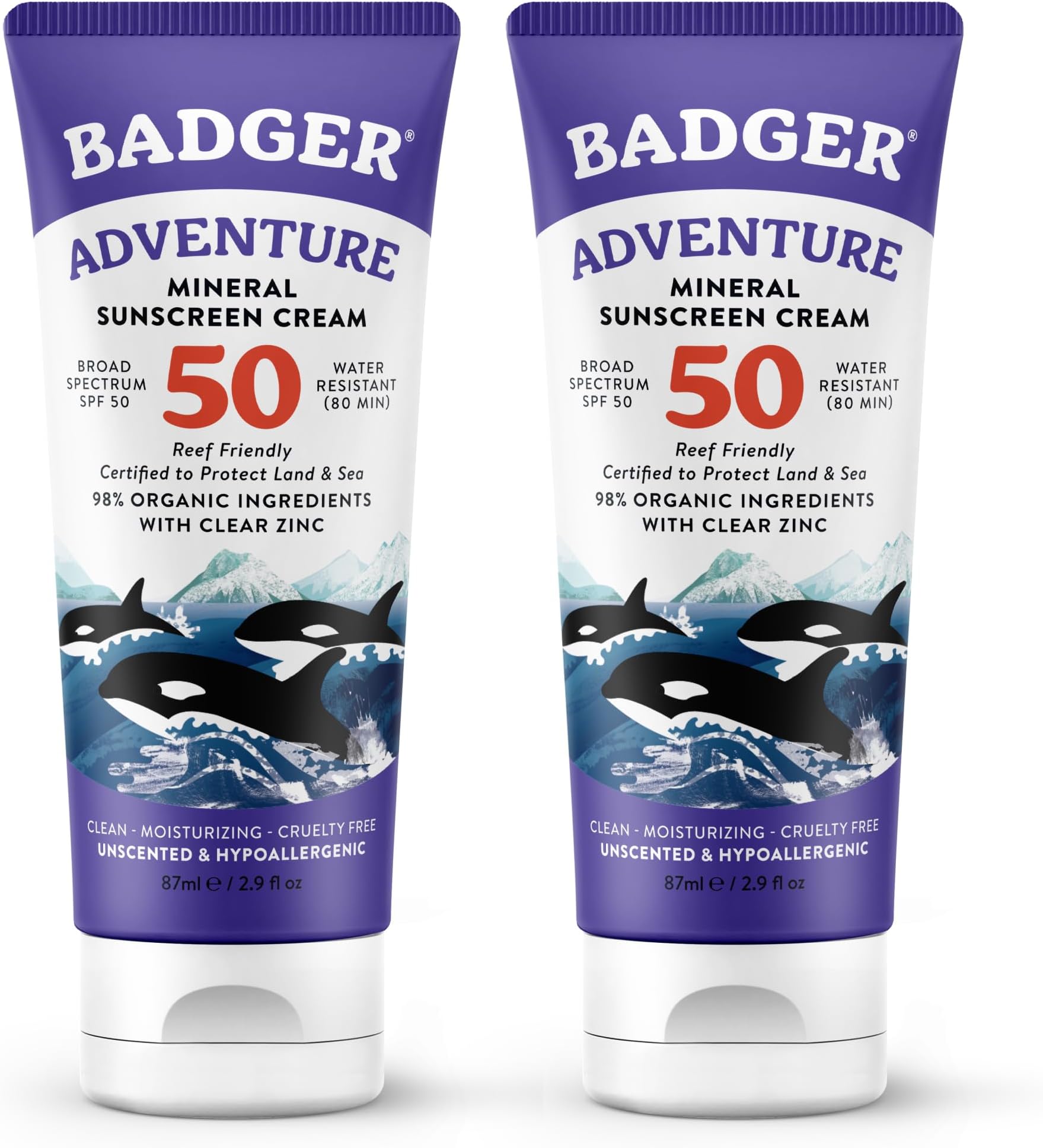 Badger Reef Safe Mineral Sunscreen, SPF 50, 98% Organic with Zinc Oxide, Non Toxic, Water Resistant, Unscented & Hypoallergenic, Broad - Spectrum, For Adventure & Sport, 2.9 fl oz (2 Pack)