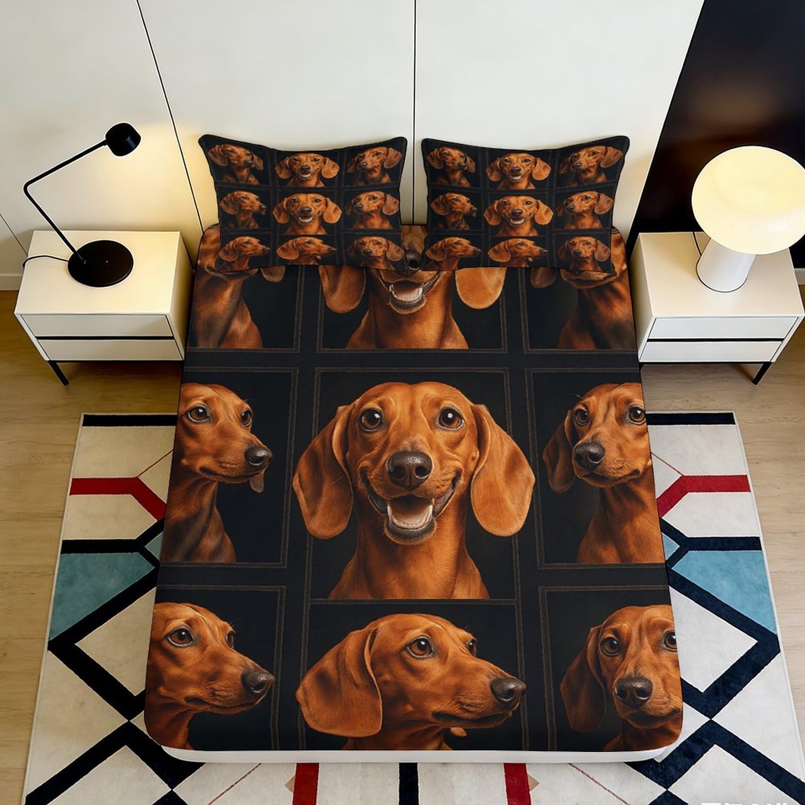 3D Printed Brown Dachshund Fitted Sheet Microfiber Soft Dog Pattern Mattress Cover for Bedroom Dorm Decorative Bed Protection, Machine Washable 160x200x25cm