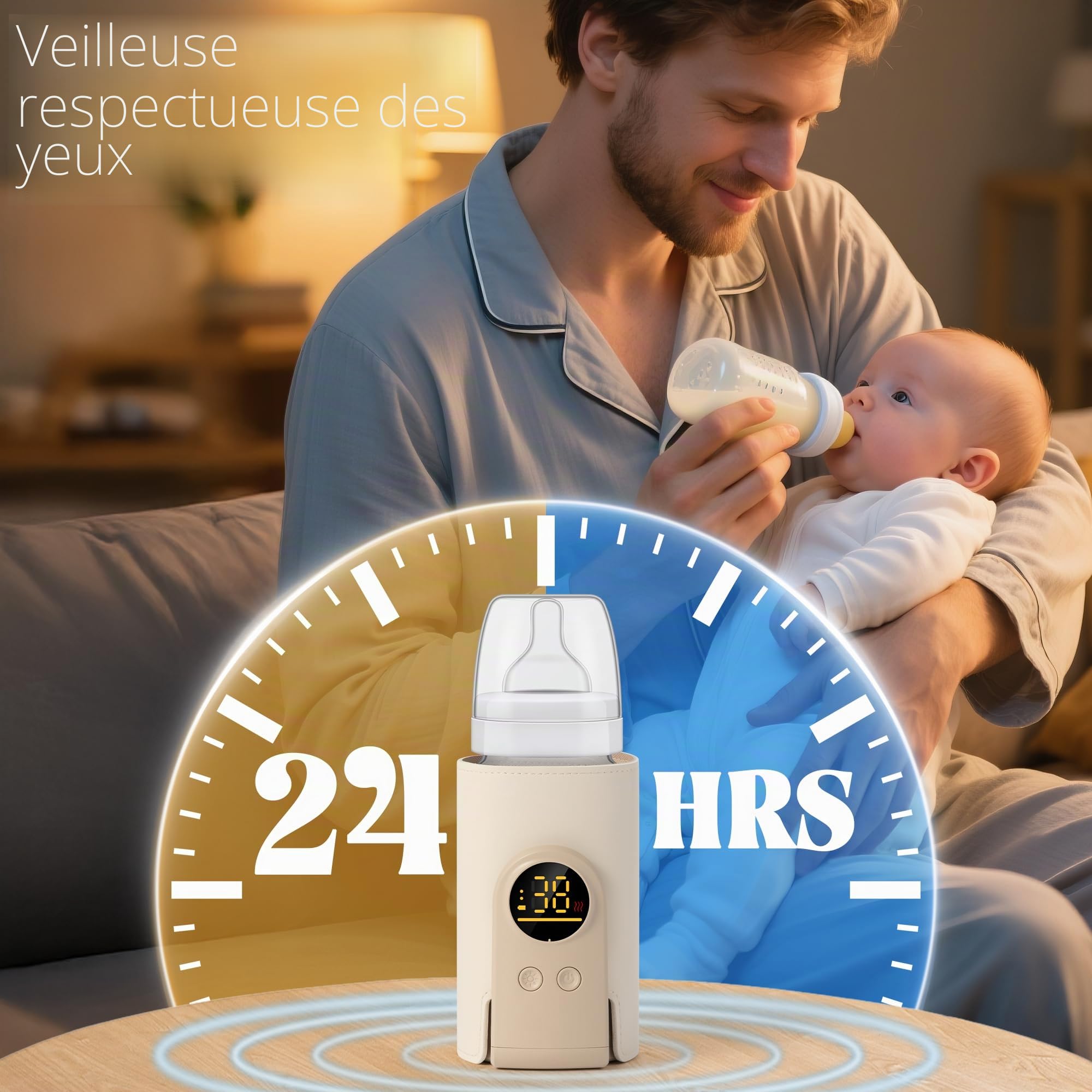 Chauffe-biberon portable réglable à 6 vitesses | Isolation de température précise avec lumière d'ambiance nocturne sans fil