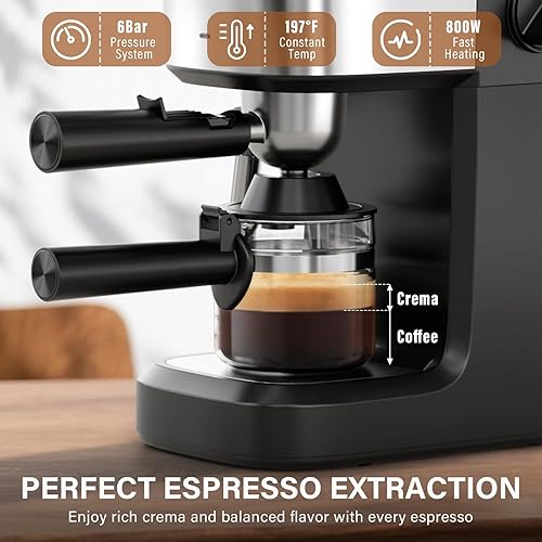 Miniatura 3 de Máquina de café expreso de 6 bares, cafetera compacta de 800 W con calentador de tazas de acero inoxidable, espumador de leche a vapor, alivio