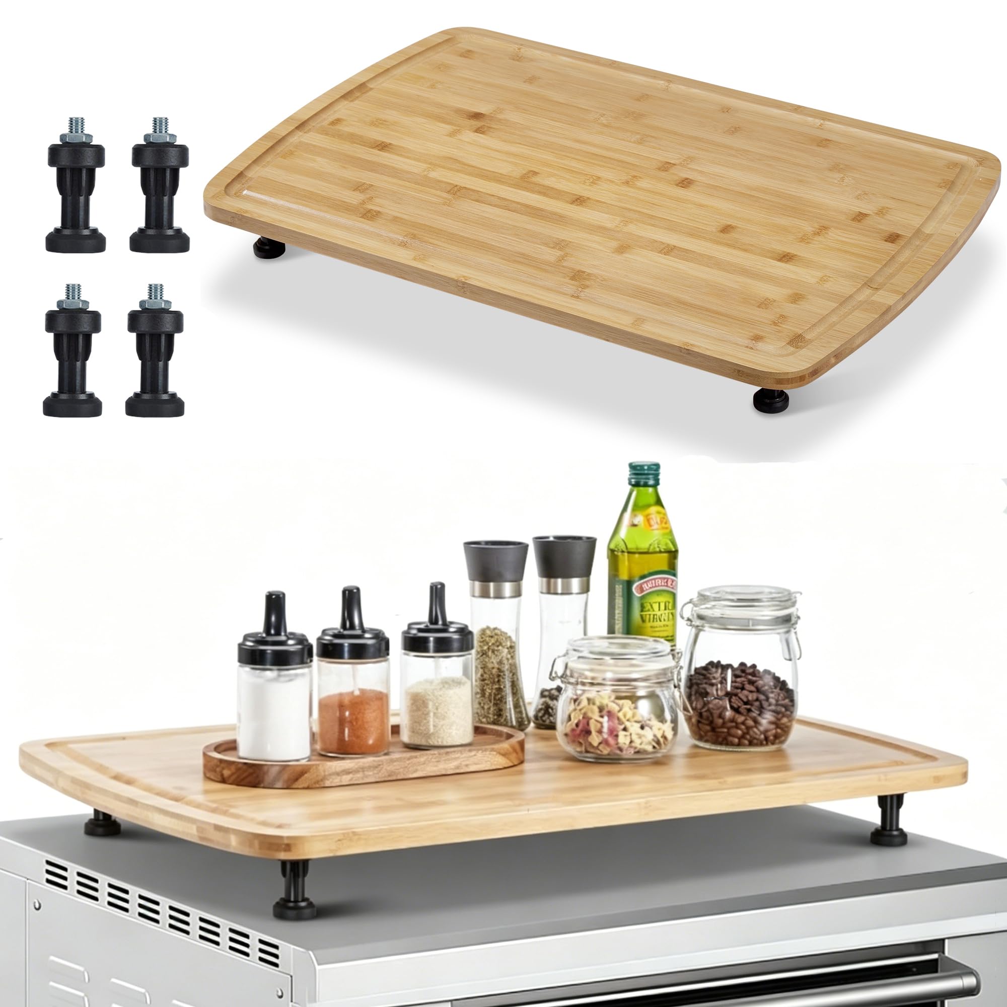 Garvee Bamboo Noodle Board Stove Cover 30x20 in, Wood Stove Top Cover Cutting Board with Adjustable Legs &amp; Juice Grooves, RV Sink Cover Butcher Block for Small Spaces Apartments, Natural