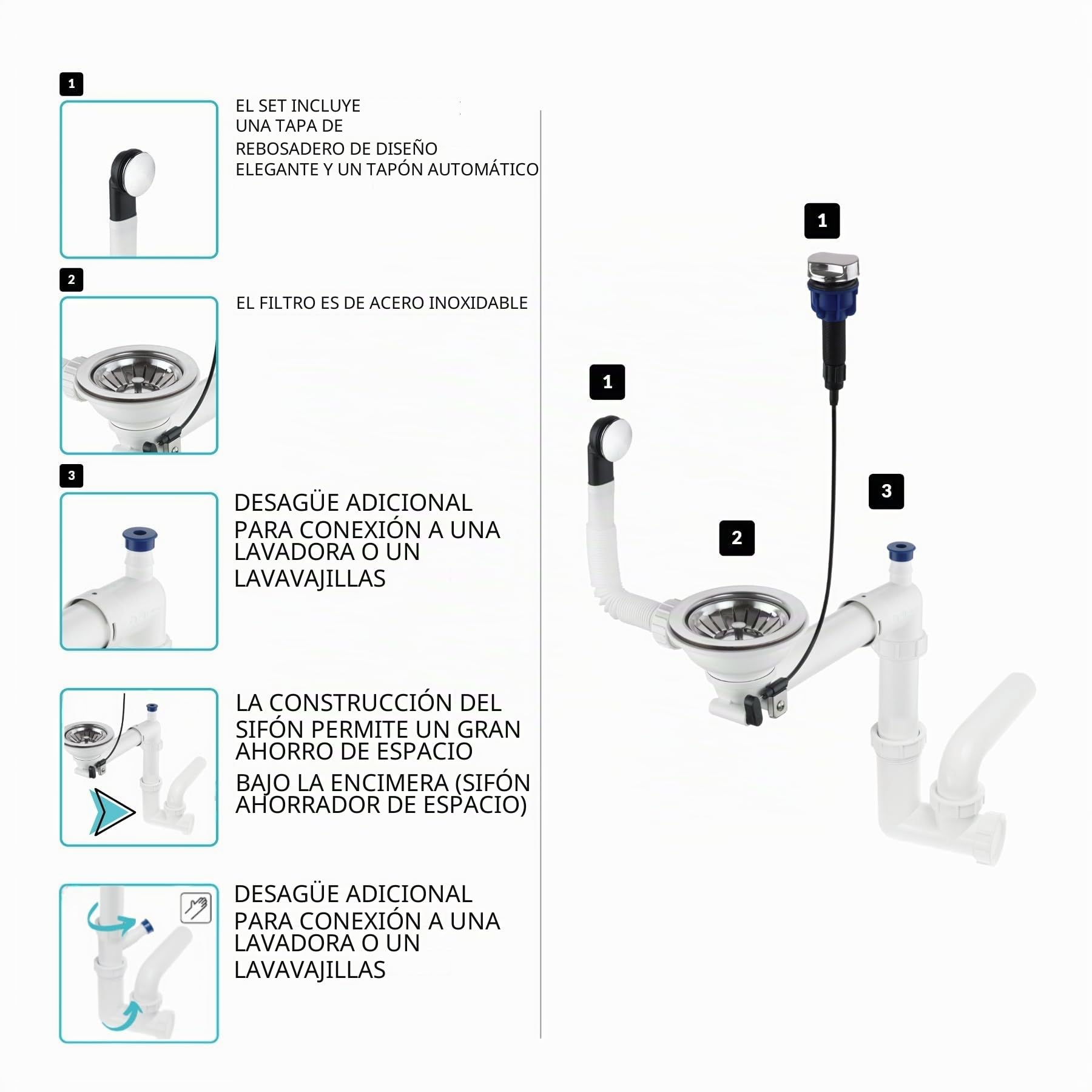 GRANMASTER Sifón automático de 1 cámara con rebosadero, desagüe para fregadero, fabricado en Italia, conexión en la parte inferior: cesta colador de 1 1/2", válvula excéntrica, 30 x 25 x 35 cm