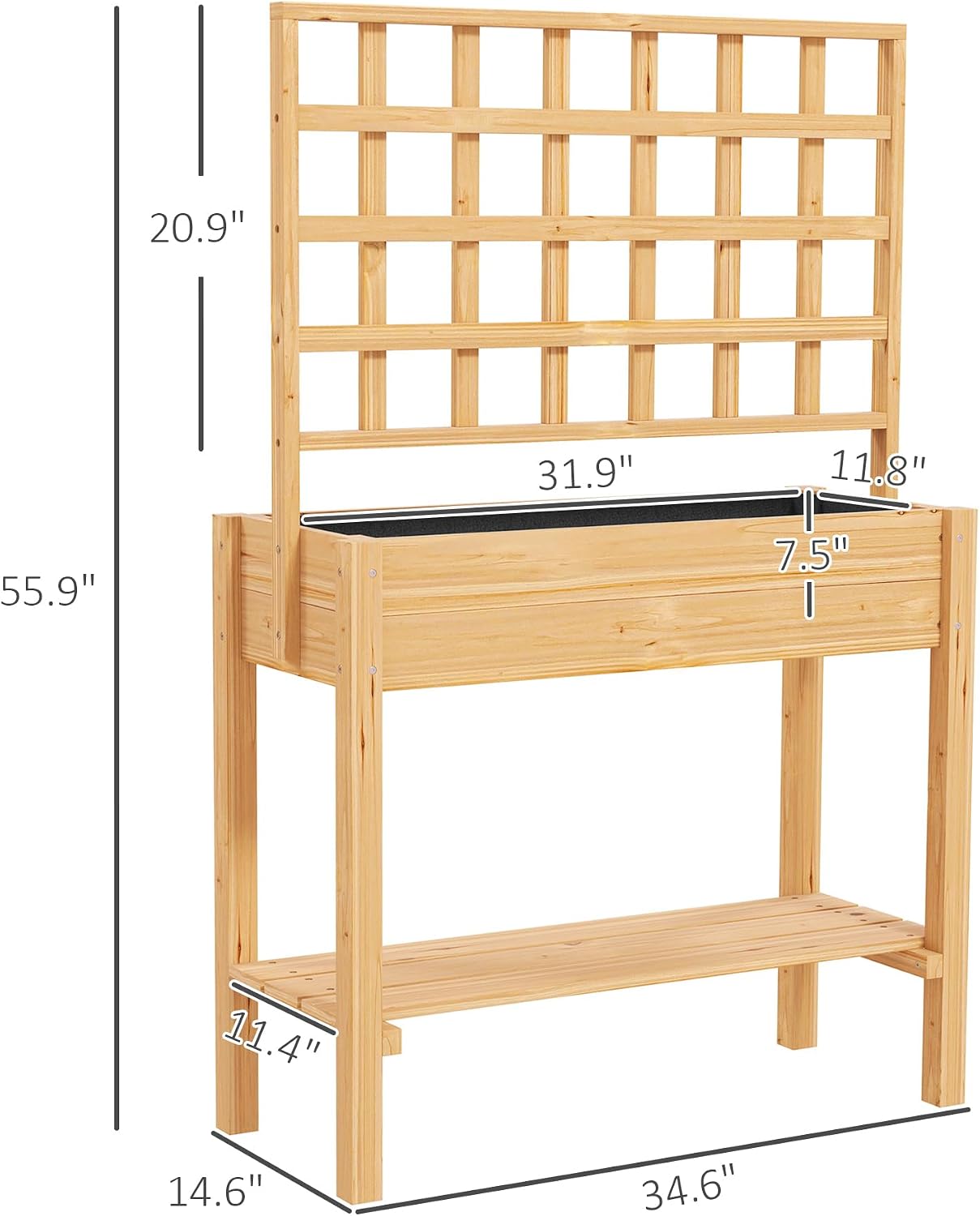 Outsunny Wooden Raised Garden Bed with Trellis, Elevated Planter Box with Storage Shelf, Outdoor Flower Box for Vegetables, Flowers, Herbs