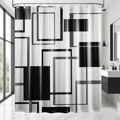 Miniatura 13 de Cortina de ducha geométrica en blanco y negro para decoración de baño de hombre, juego de cortinas de baño en blanco y negro, tela impermeable con