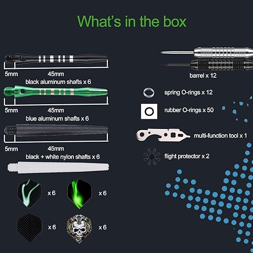 Miniatura 7 de Juego de 12 dardos de punta de metal de 220.85 oz, dardos de punta de acero para dardos con ejes de aluminio de alta calidad, 50 juntas tóricas de