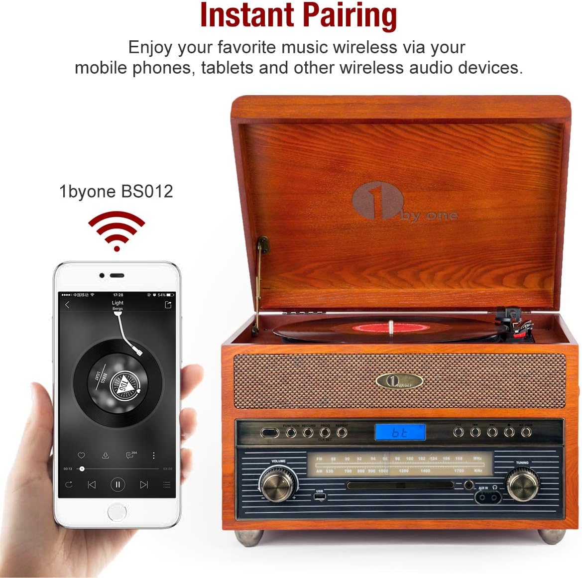 1byone Nostalgic Wooden Turntable Wireless Vinyl Record Player with AM, FM, CD, MP3 Recording to USB, AUX Input for Smartphone and Tablets, RCA Output