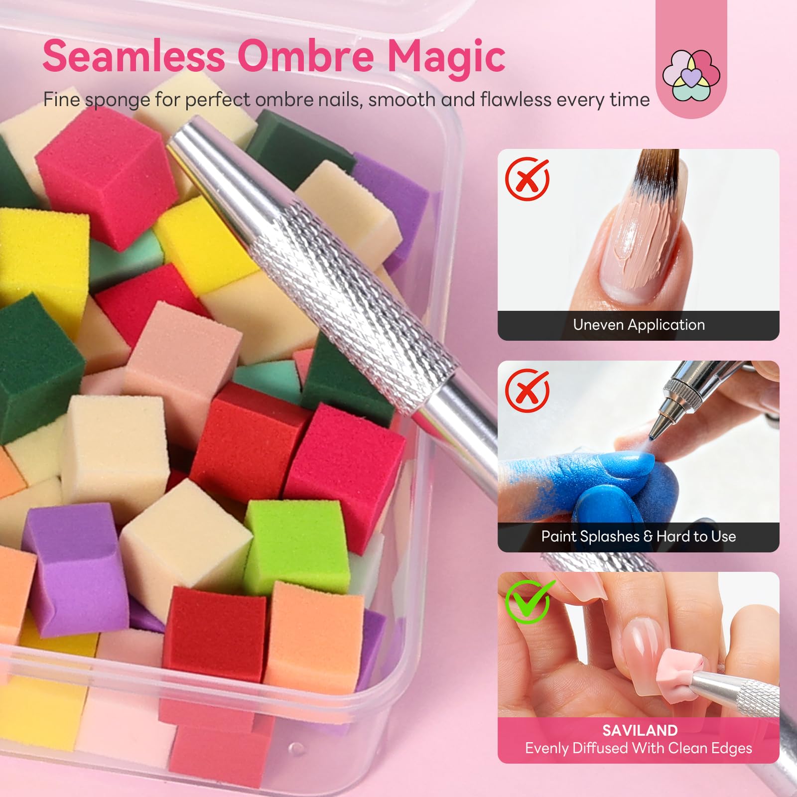 SAVILAND Essentials Nail Sponges for Ombre: 100Pcs Colorful Ombre Nail Sponge High Density Nail Art Sponge for Seamless Ombre Gradient with Grabbing Pen Nail Art Tools for Beginners DIY Home Salon - Image 3