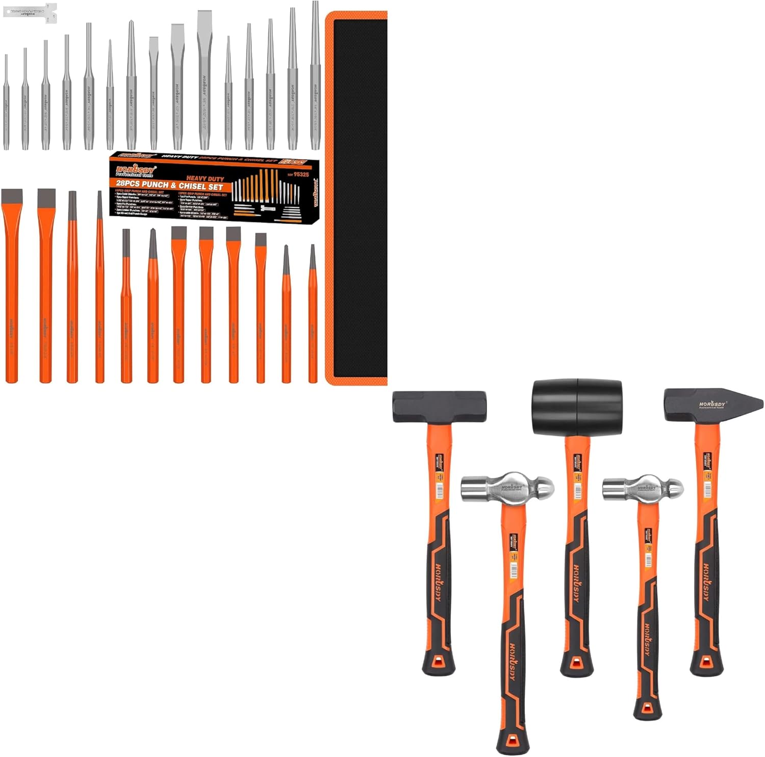 HORUSDY 28-Piece Heavy Duty Punch and Chisel Set and 5-Piece Hammer Set