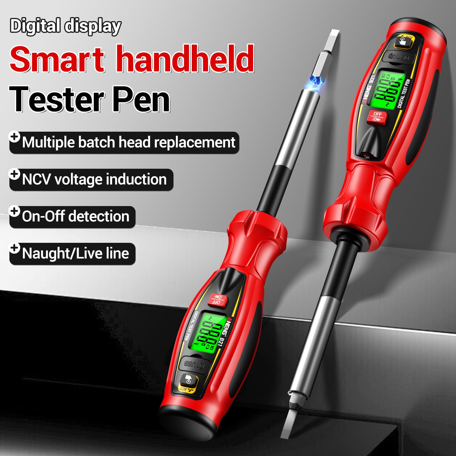 Digital Voltage Tester Pen, Non Contact Voltage Testing Pen Rechargeable AC Voltage 30V -1000V NCV Detection Replaceable 10 in 1 Batch Heads with LED Light (RED) — Amazon image 3