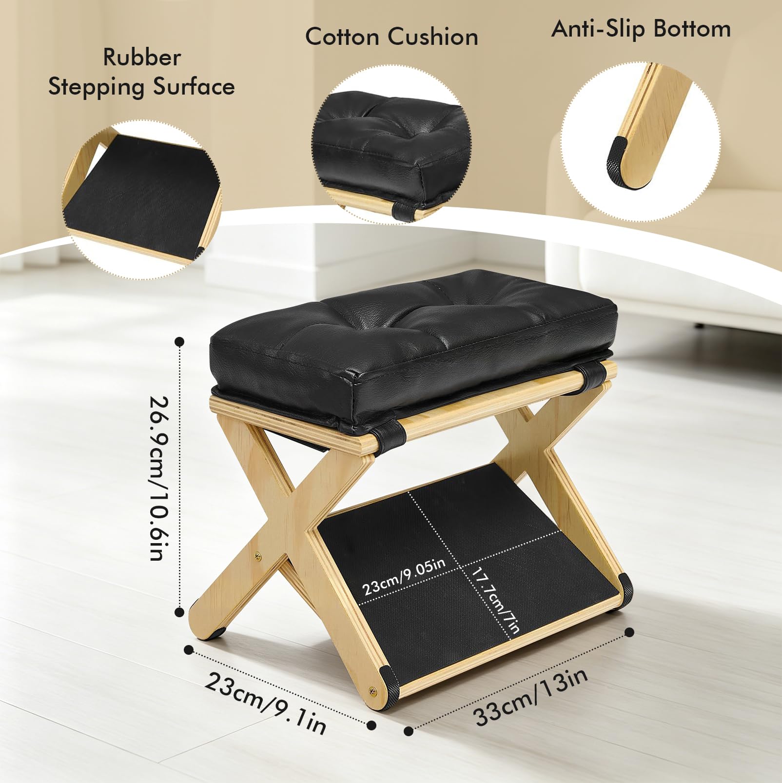 2-in-1 Fußstütze Schreibtisch, Höhenverstellbarer Fußhocker, Ergonomischer Fußablage aus Holz mit Weichem, Rutschfester Fußhocker für Büro Auto, Ottoman Fußstütze Stuhl für Vanity