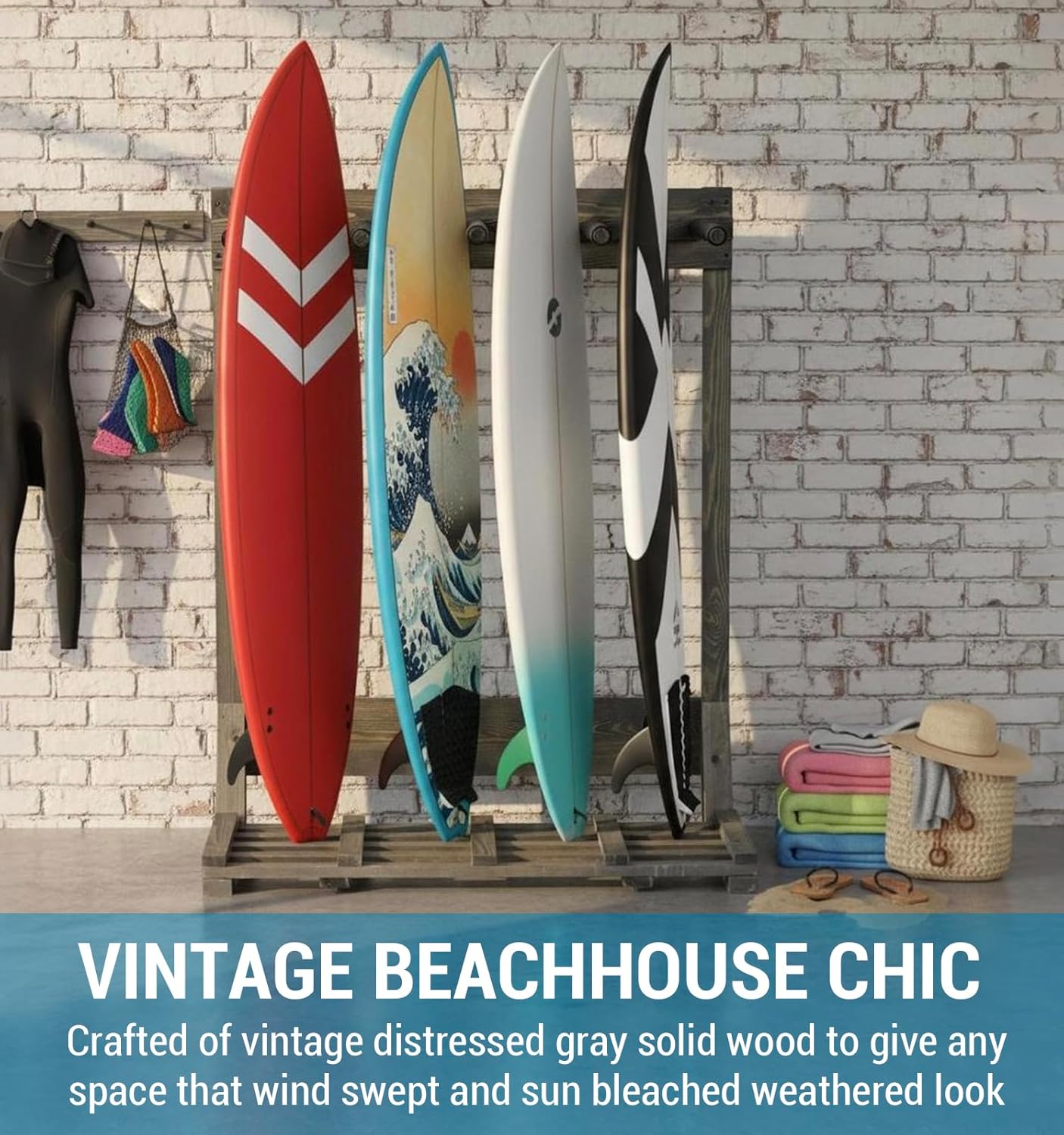 MyGift 4-Ft Tall Rustic Burnt Wood Freestanding Vertical Surfboard Rack, Wakeboard SUP Paddleboard Storage Rack - Holds up to 4 Boards - Image 5