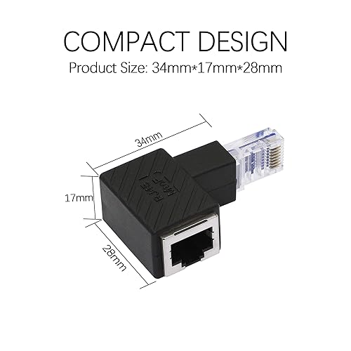 Vista 14 de YACSEJAO Adaptador Ethernet RJ45 Cat5e/Cat6, paquete de 2 adaptadores Ethernet de 90 grados RJ45 / 8P8C macho a hembra adaptador de ángulo recto