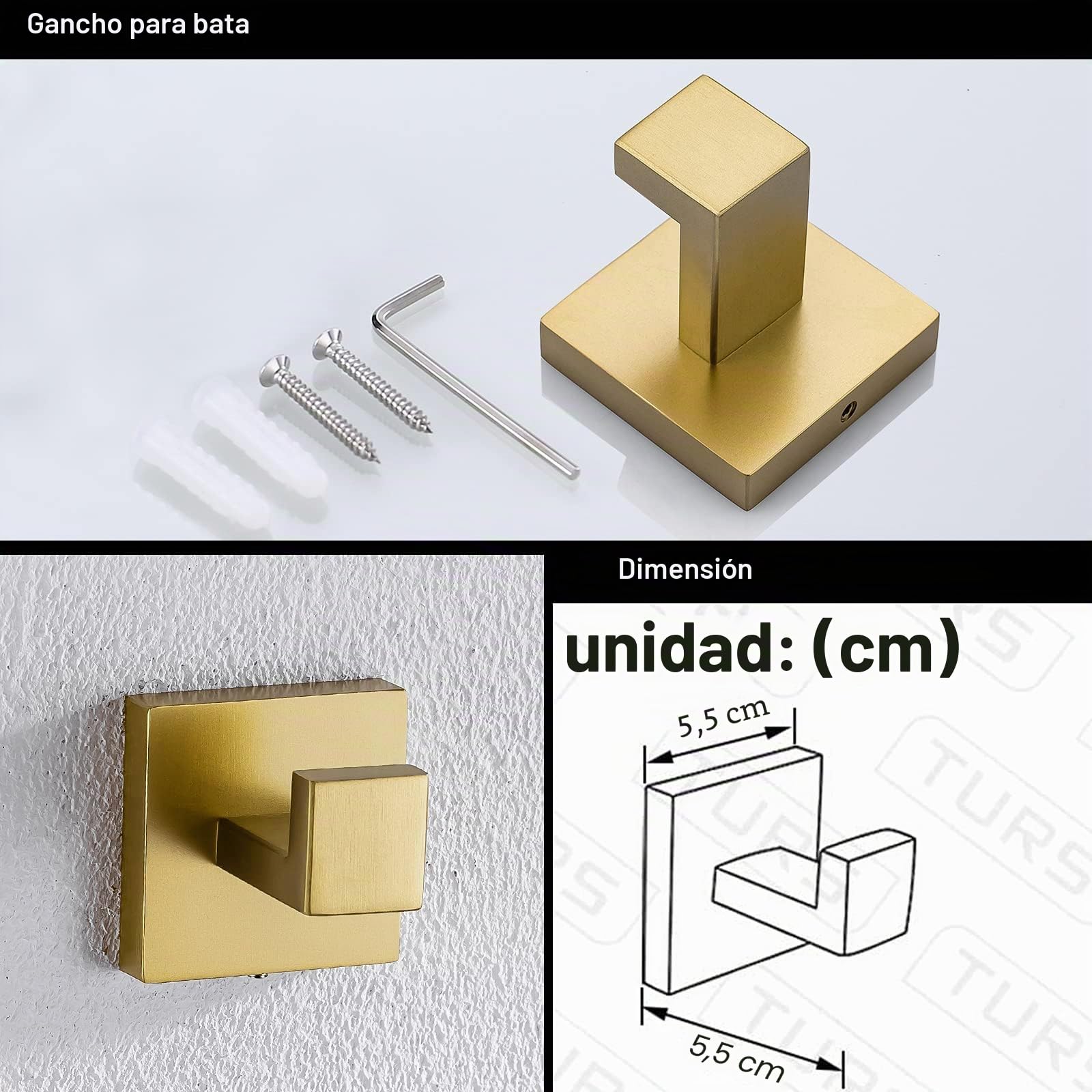 TURS Juego de 4 accesorios de baño de acero inoxidable cuadrado para toallero, montado en la pared, oro cepillado, Q7GD-4PC-60CM