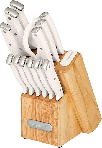Miniatura 2 de Farberware Edgekeeper - Juego de bloque de cuchillos triple remachado con afilador integrado, 14 piezas, color blanco Blanco,Negro