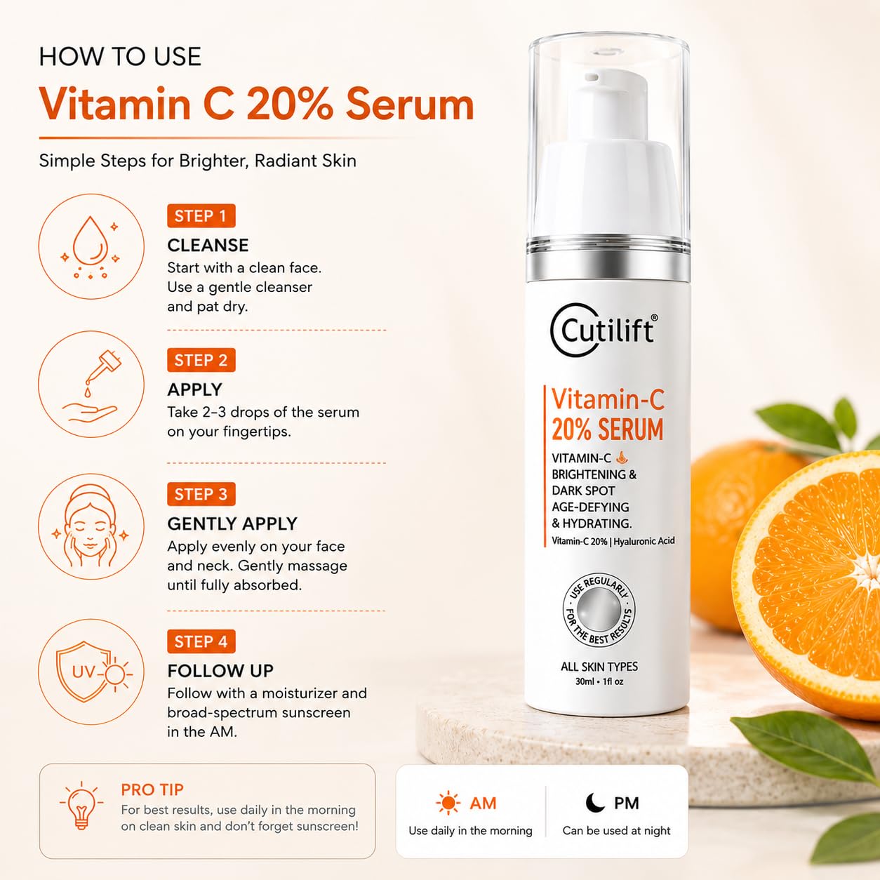 Cutilift Vitamin C 20% Serum | Brightening & Antioxidant Face Serum with Stable Vitamin C, Hyaluronic Acid & Vitamin E 30 ml 2