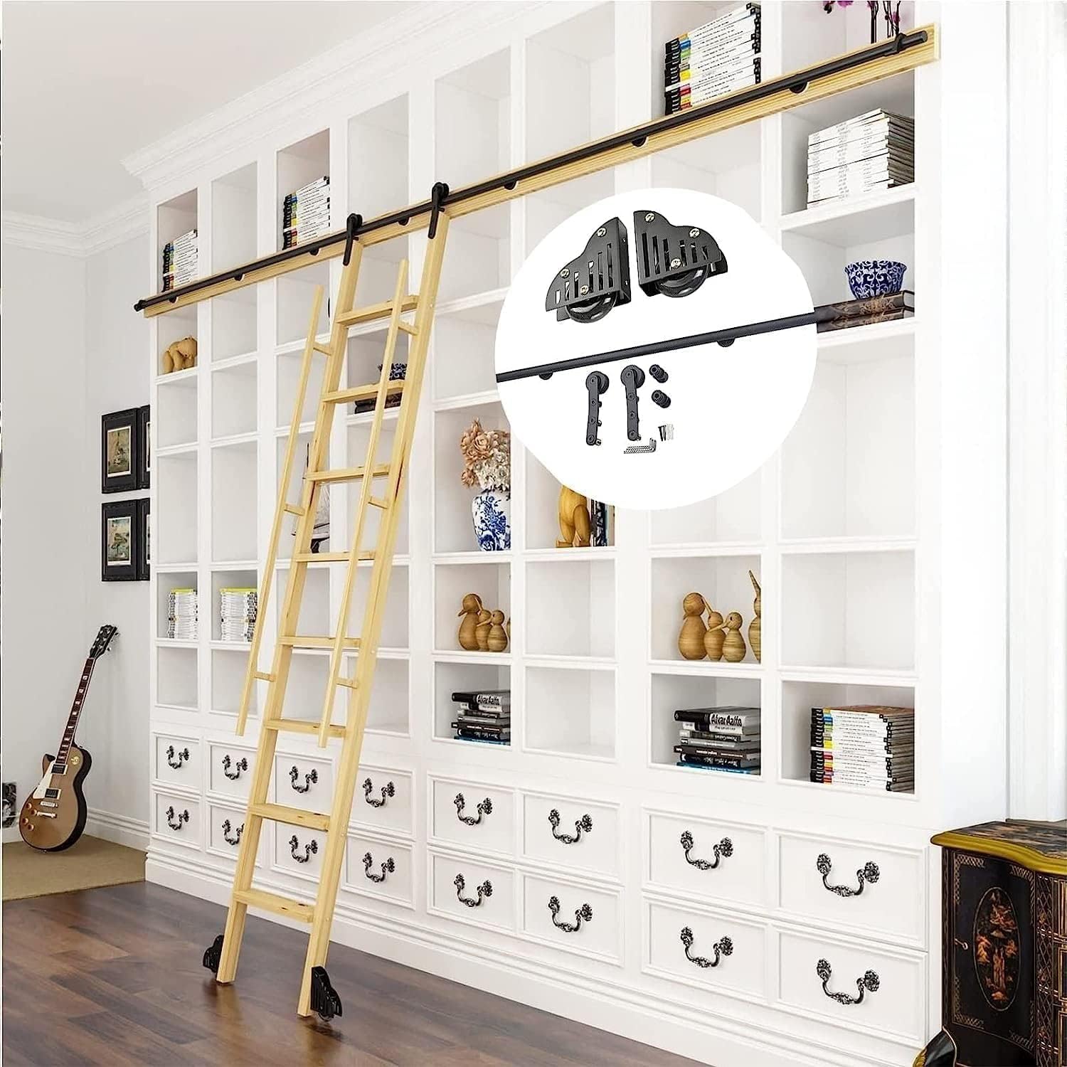 Rolling Library Sliding Ladder Hardware Kit - Sliding Barn Door Track Hardware Accessories, Carbon Steel Round Tube Mobile Ladder Rail, for Home/Indoor/Loft (Size : 200cm(6.6 ft) t