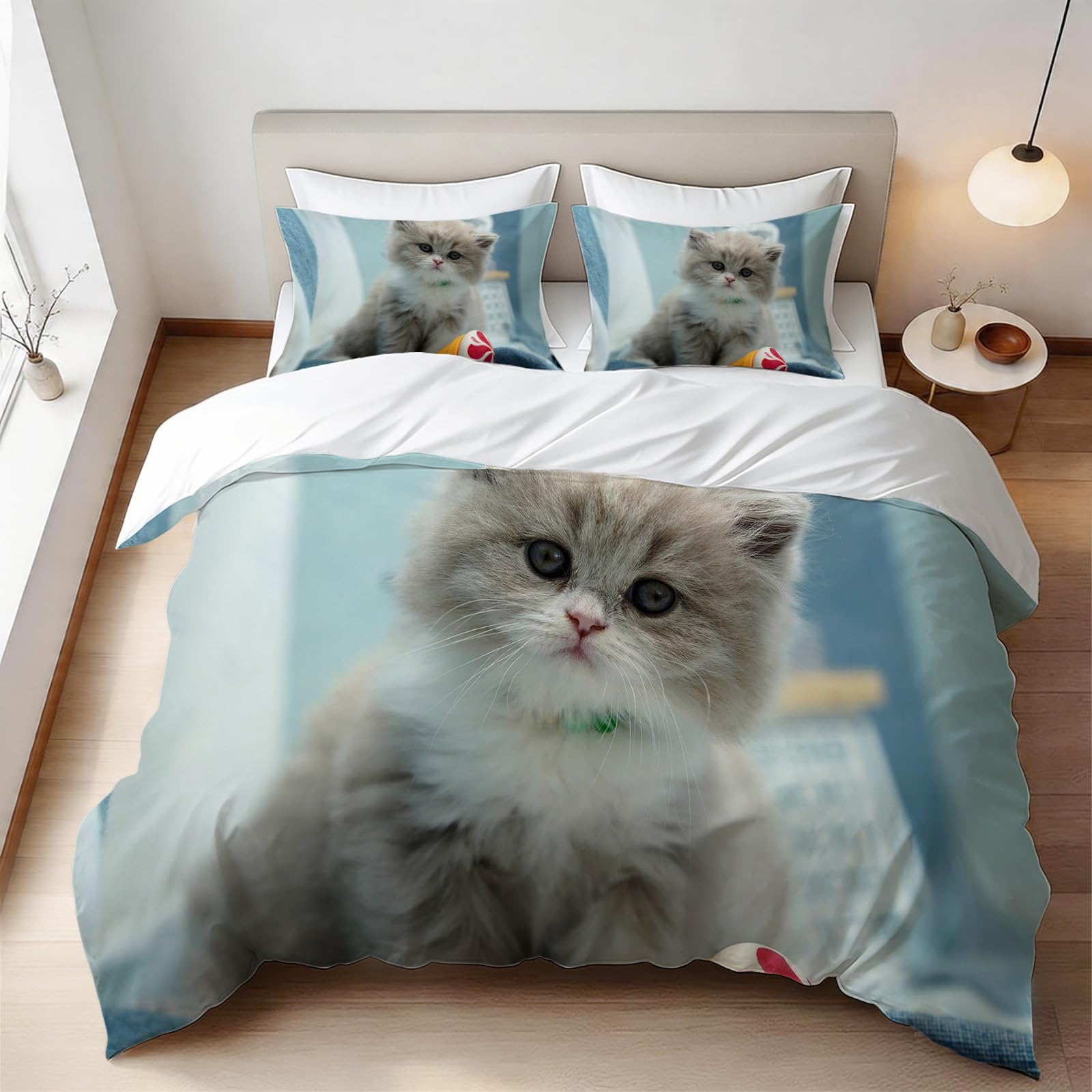 Housse de couette 200x200 chat imprimé 3D au fini microfibre ultra douce