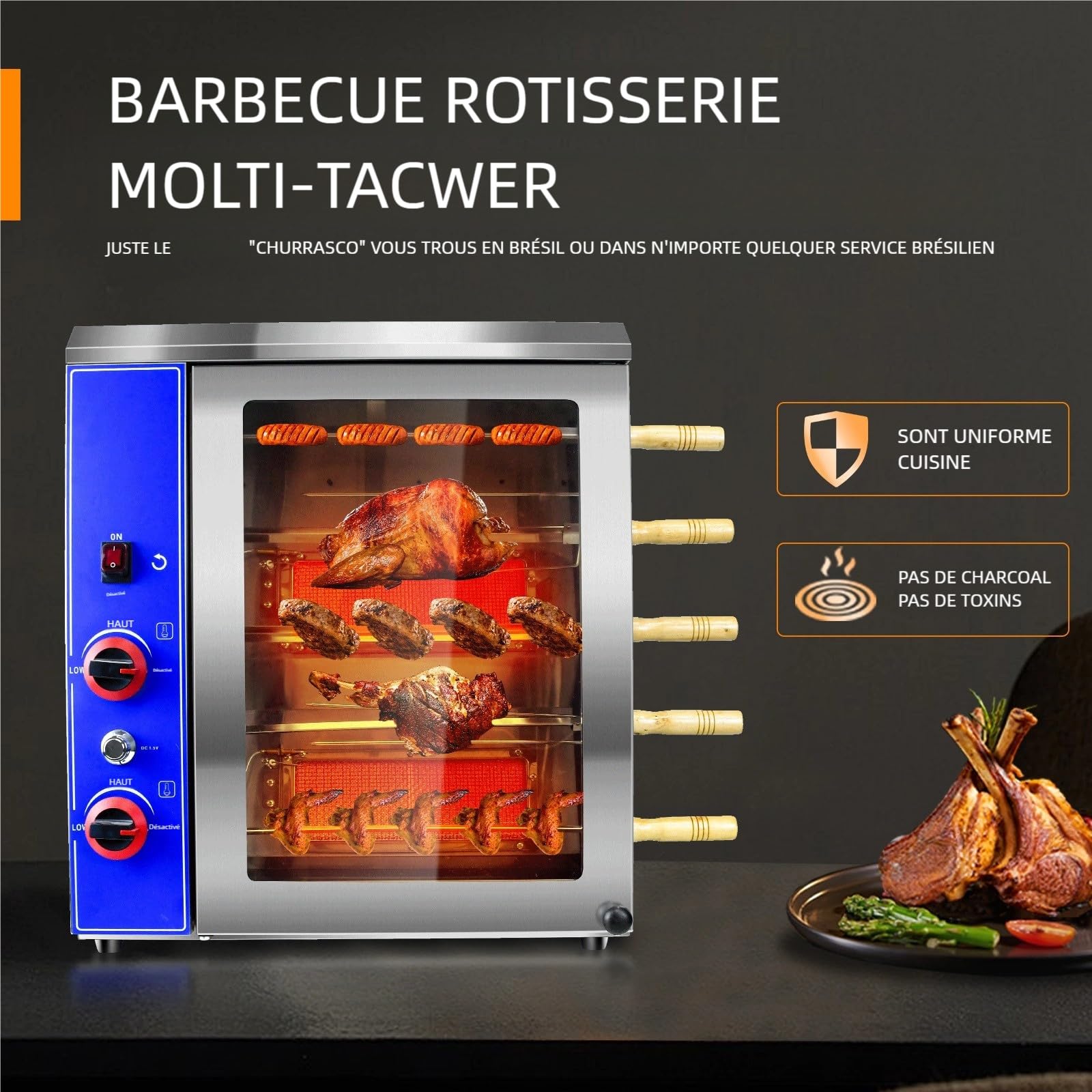 Rôtissoire à Poulet Professionnelle au Gaz – Four Rotatif Commercial Multi-Broches en Inox, Churrasco Brésilien, Idéal Restaurant et Traiteur