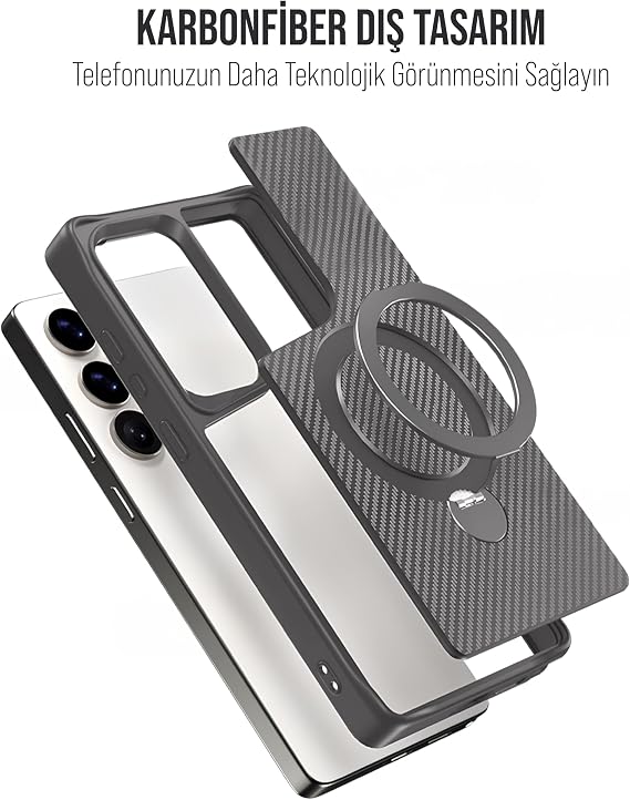 Samsung Carbon Fiber Material Stand from Babylon Strong Shock Absorbing Premium Case with Lens Frame and Non-Yellowing (Silver Color, Galaxy S25 Ultra)