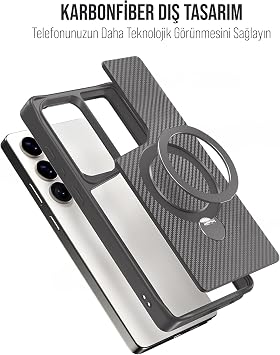Samsung Carbon Fiber Material Stand from Babylon Strong Shock Absorbing Premium Case with Lens Frame and Non-Yellowing (Silver Color, Galaxy S25 Ultra)