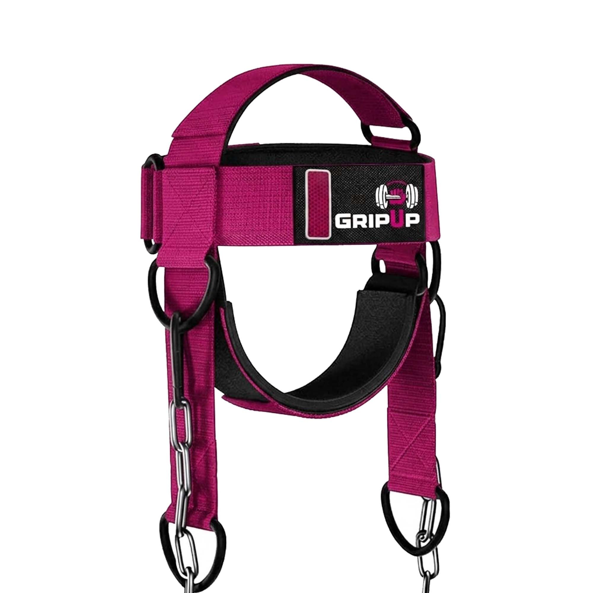 GripUp Neck Harness Weight Lifting Head harness Strap with D-Hook Adjustable Steel Chain Neck Builder Exercise Boxing Training Strengthener Resistance Gym Workout Injury Recovery (Pink, One Size)