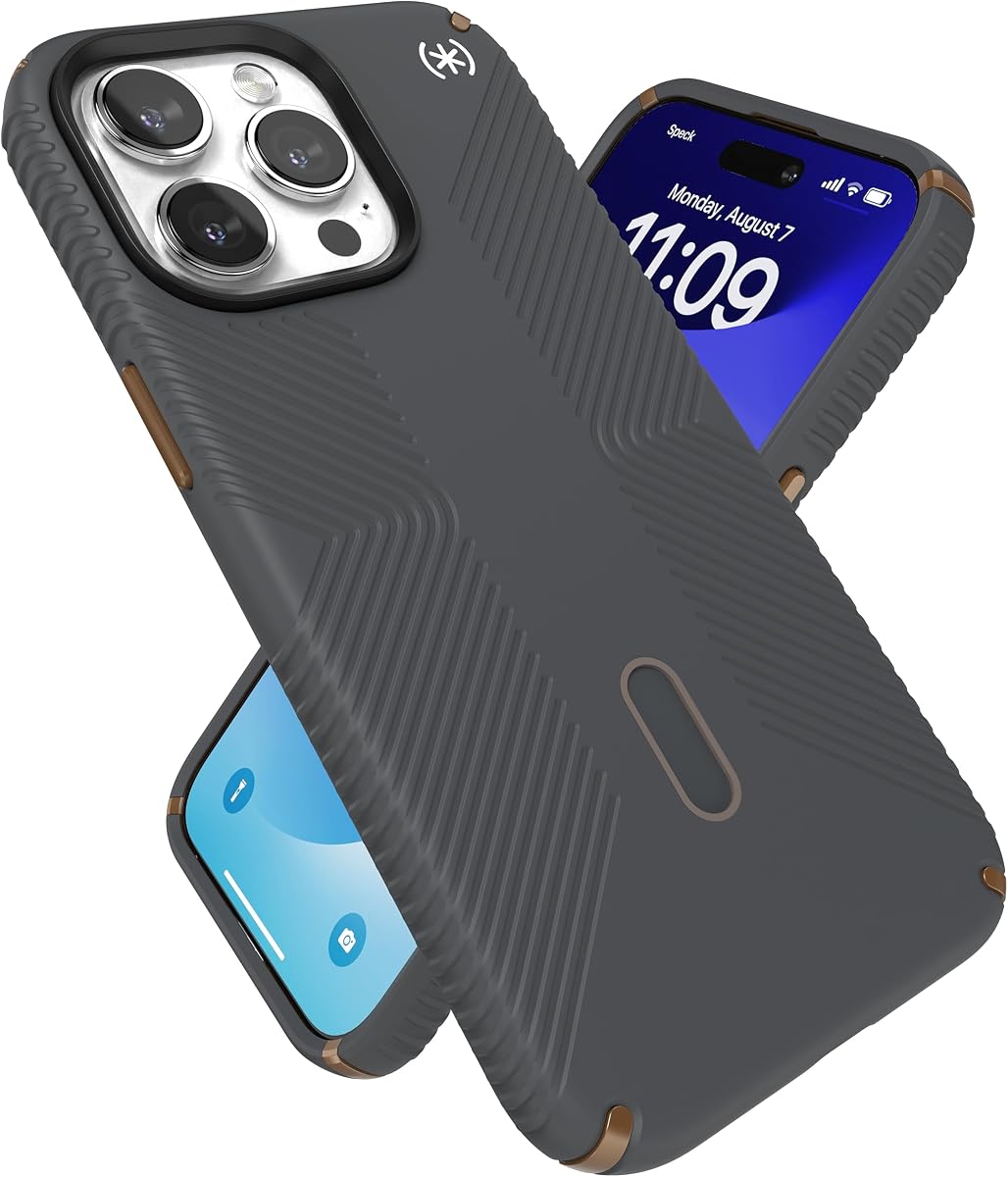 Speck Funda para iPhone 15 Pro Max - Enclavamiento antideslizante ClickLock, diseñada para MagSafe, agarre de protección contra caídas - Funda para teléfono suave al tacto de 6,7 pulgadas - Agarre Presidio2 gris carbón/bronce frío/blanco