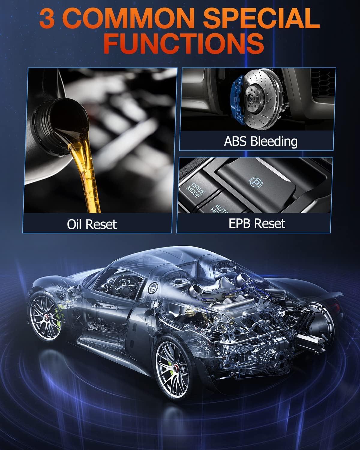 Diagram showing Oil Reset, ABS Bleeding, and EPB Reset functions