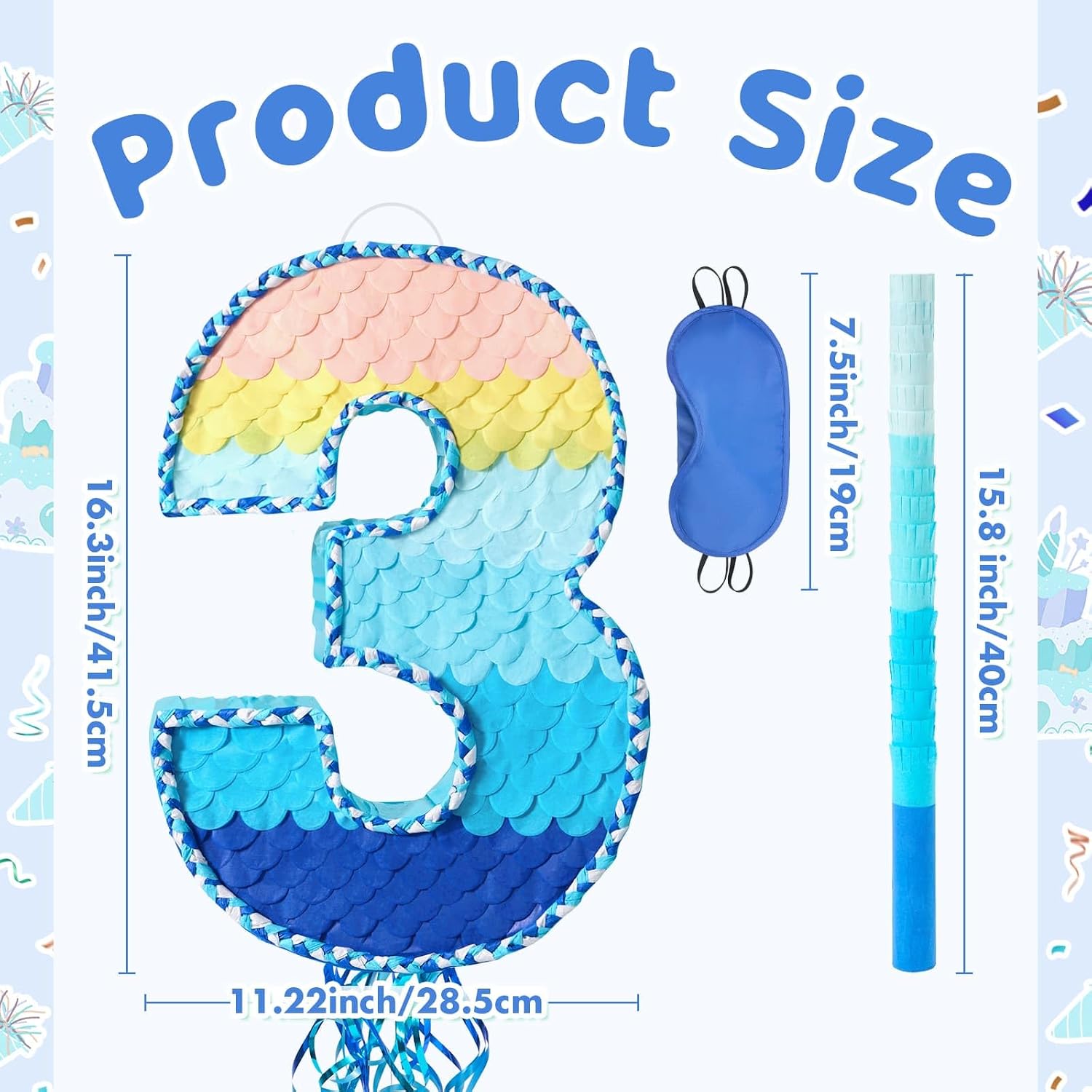 WERNNSAI Number 3 Piñata - Ombre Blue Three Piñata Birthday Party Game with Stick Blindfold for Kids Boys Girls 3rd Birthday Party Decorations（16.3" x 11.2" x 3")