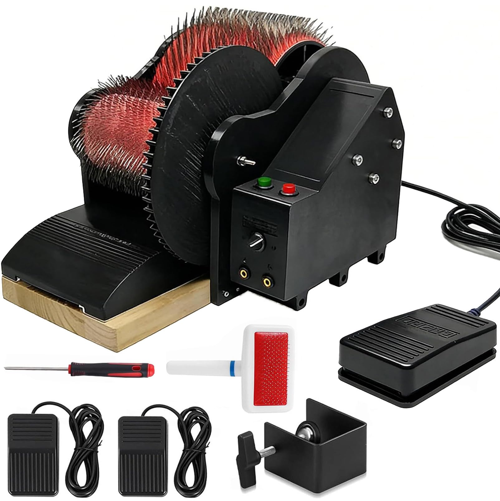 DmqChry Electric Wool Carding Machine, Wide Wool Drum Carder with Brush & Awl, 56 RPM Adjustable Forward and Reverse Speed Fiber Combing Machine, for Blending Mixing, Combing, Spinning