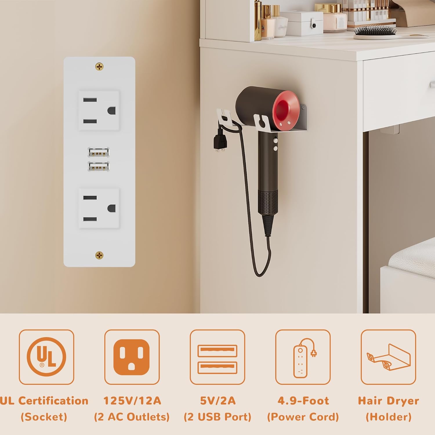 wanan Makeup Vanity with Chair, Small Vanity Desk with Mirror and Lights 3 Colors, Girls Vanity Set with Power Outlet, Compact Vanity Table for Small Space, White