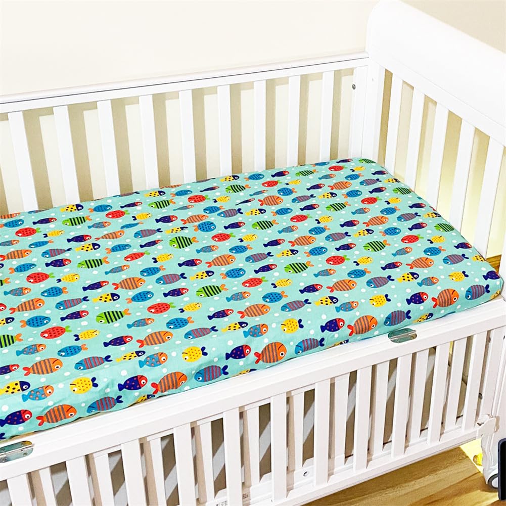 Odot Cot Bed Sheets, Bedside Cribs Fitted Sheets for Boys and Girls, Baby Bed Sheets Cot Bed Mattress Protector, Bassinet Sheets, Easy Care Soft and Dureable (120x60cm,Green Fish)