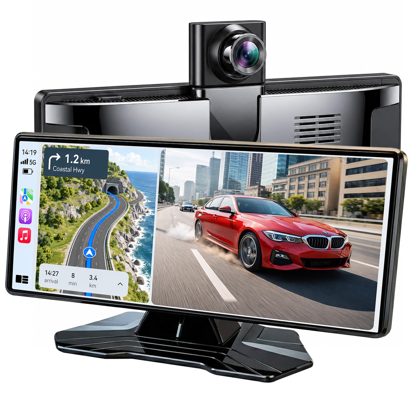 Photo 1 of 10.26" Wireless CarPlay Screen for Car, Apple CarPlay & Android Auto Screen, Portable Car Stereo with 4K Front Dash Cam & 1080P Backup Camera, Bluetooth, Voice Control, GPS Navigation, Mirror Link