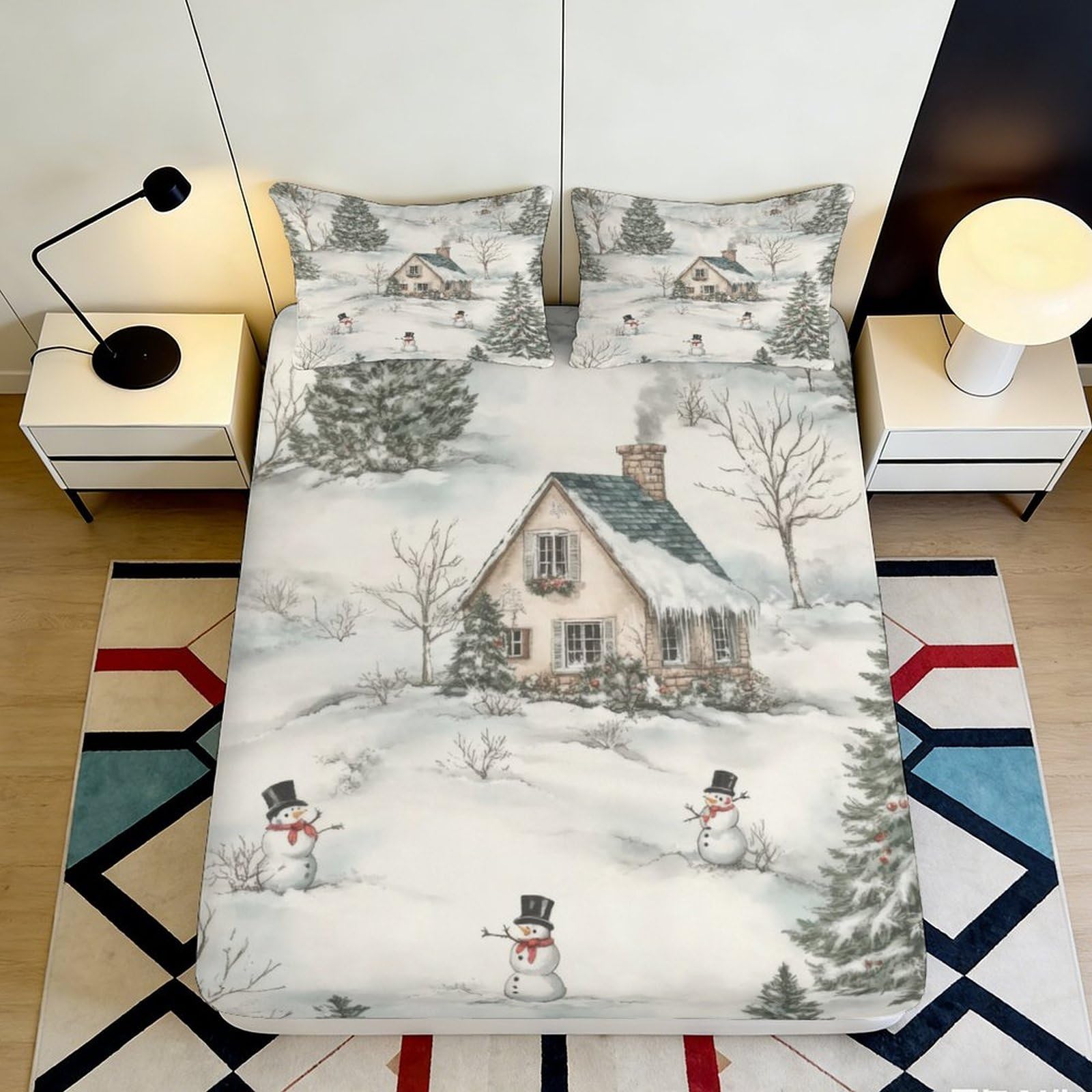 3D Printed Winter Cottage Fitted Sheet Microfiber Soft Durable Snowman Bed Cover for Bedroom Dormitory Guest Room Protection and Decoration 140x200x25cm