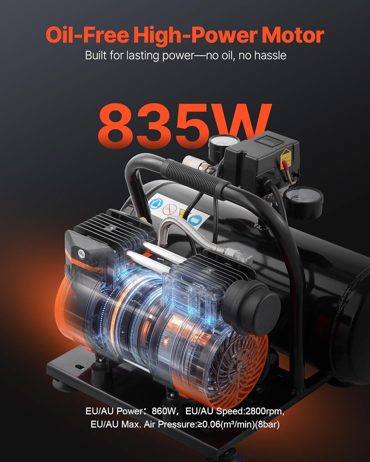 VEVOR Air Compressor, 2 Gallon Steel Tank, 1HP 2.1CFM @ 90PSI Oil Free Air Compressor & Max. 120PSI Pressure, 81dB Ultra Quiet Portable Compressor for Auto Repair, Tire Inflation, Spray Painting, 120V - Image 2