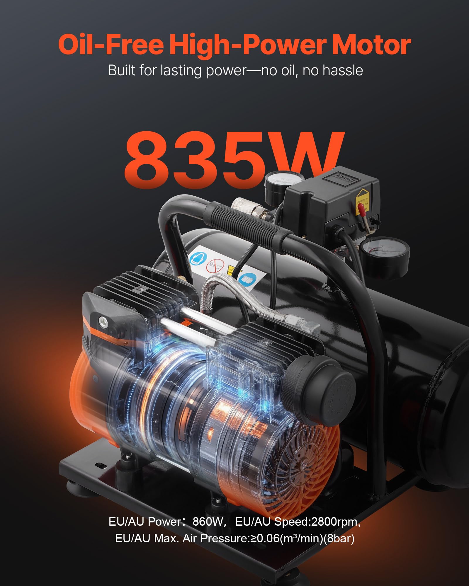 VEVOR Compresseur d'Air sans Huile, Réservoir Acier 8 L, 220 V, 860 W, 2,5 CFM 8 bar, Pression Max 120 PSI, Compresseur Silencieux Portable pour Réparation Auto, Gonflage Pneus, Peinture Pistolet