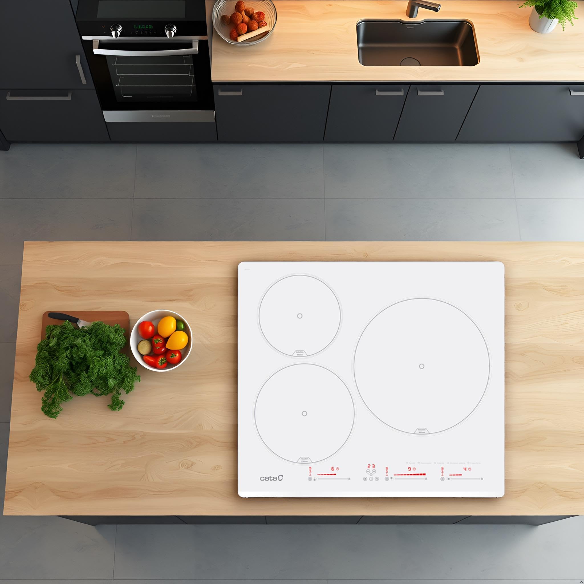 CATA Placa Inducción IB 6003 E2 WH, 3 Areas Cocción, Control Tactil Deslizante, 9 Niveles Potencia Regulable, Bloqueo Seguridad, Temporizador, Detección Recipientes, Bisel Frontal 59cm, Color Blanco