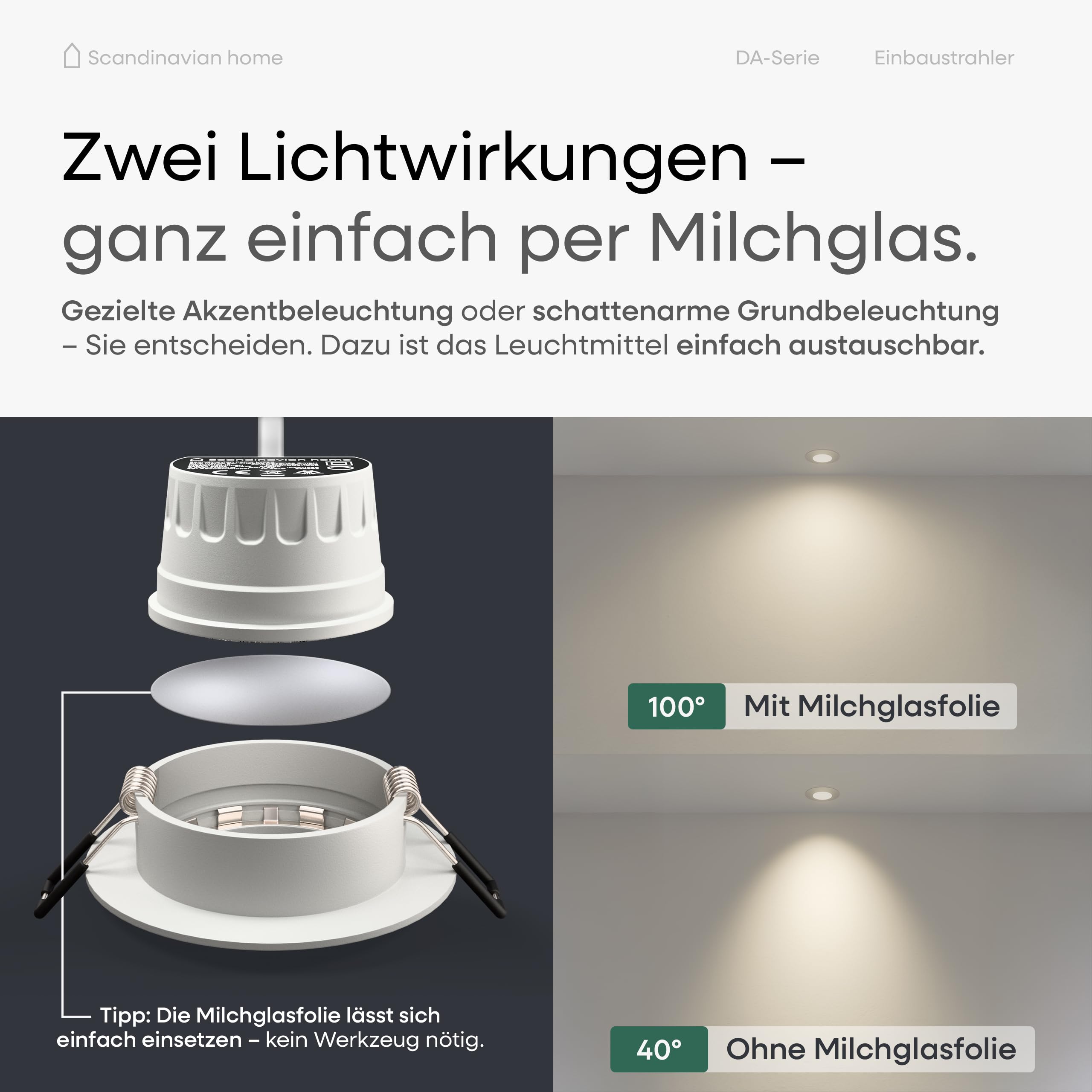 Scandinavian home zestaw 6 reflektorów LED do zabudowy, 230 V, możliwość ściemniania, 230 V, ciepła biel, 3000 K, 470 lm, CRI 90+, wymiary otworu 68 mm, nadaje się do łazienek IP44, kolor biały matowy