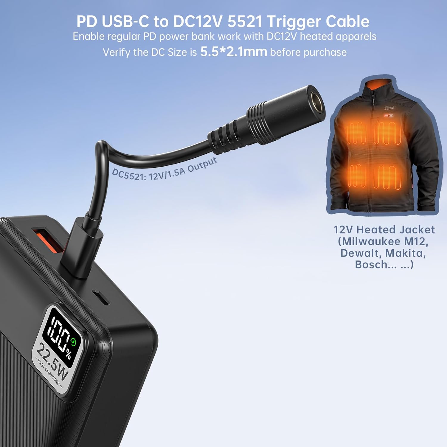 12V Heated Jacket Battery Pack 20000mAh (12V/6.5Ah) for DC5521 Input Milwaukee Dewalt Bosch Makita and Other’s Electric Heating Vests/Hoodies/Jackets/Camping Chair/Seat Cushion/Blanket - Image 2