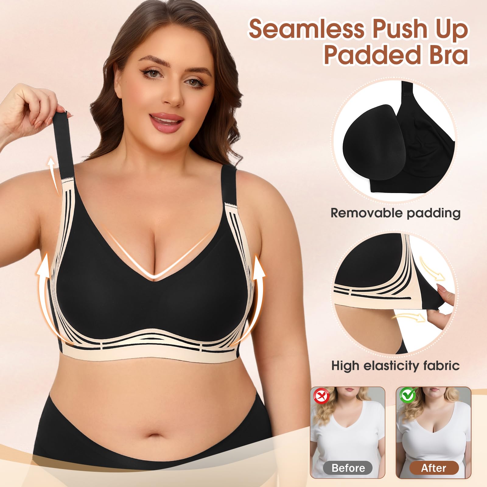 XJBTBA Biustonosze damskie Plus Size Biustonosz push-up bez fiszbin Pełne pokrycie Staniki podtrzymujące Wygodny bezprzewodowy biustonosz bez szwu Biustonosz damski na co dzień z wyjmowaną wyściółką