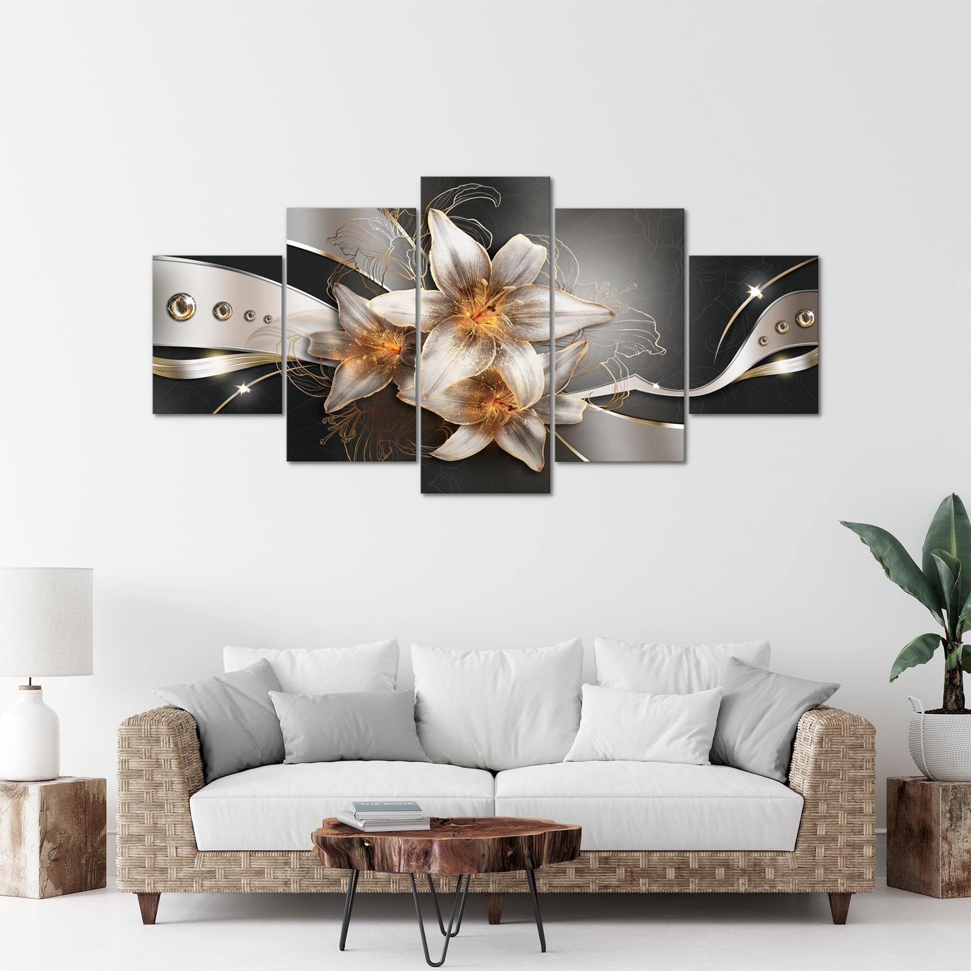 Runa Art - Bilder Blumen Lilien 200 x 100 cm 5 Teilig XXL Wanddekoration Design Gelb Gold 039651a