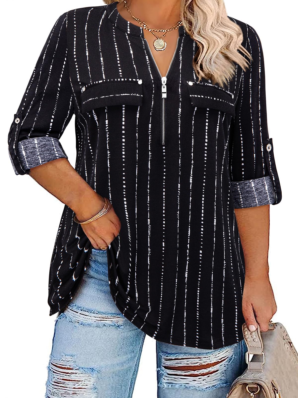 Siddhe Women 3/4 Sleeve Plus Size Tunics Zip Front V-Neck Tops Casual Loose Fit T Shirt Blouse