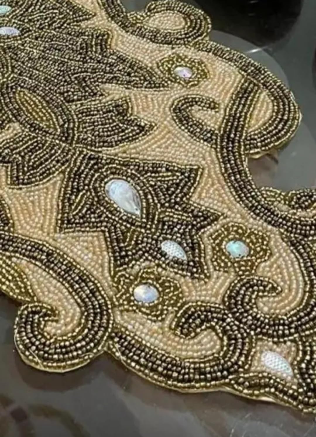 Beaded Table Runner, Gold, Ornate Scrollwork Design with Iridescent Gem Accents, Luxury Home Decor