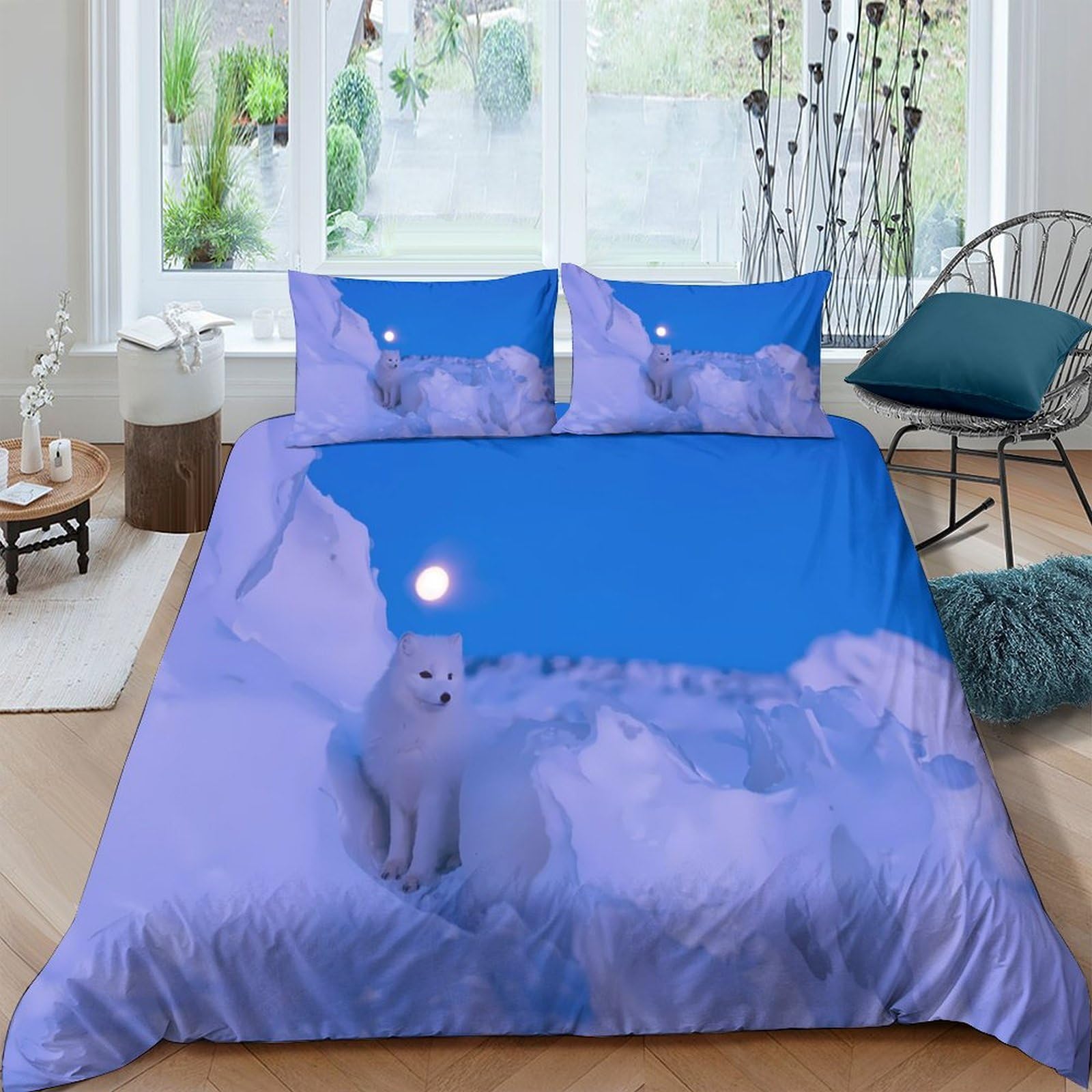 Ctjqhvkz Style-7 3D Printed Arctic Wolf Moon Fitted Sheet Microfiber Soft Blue Winter Clouds Bed Cover Bedroom Guest Room Decor Single（135X200cm）