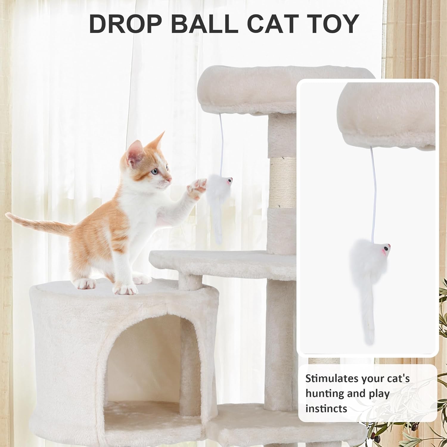 36" Multi-Level Cat Tree Tower with Scratching Posts, Toys & Condo - Space-Saving Design for Indoor Kittens, Compact Floor Footprint & Vertical Space for Multi-Cat Homes-Beige