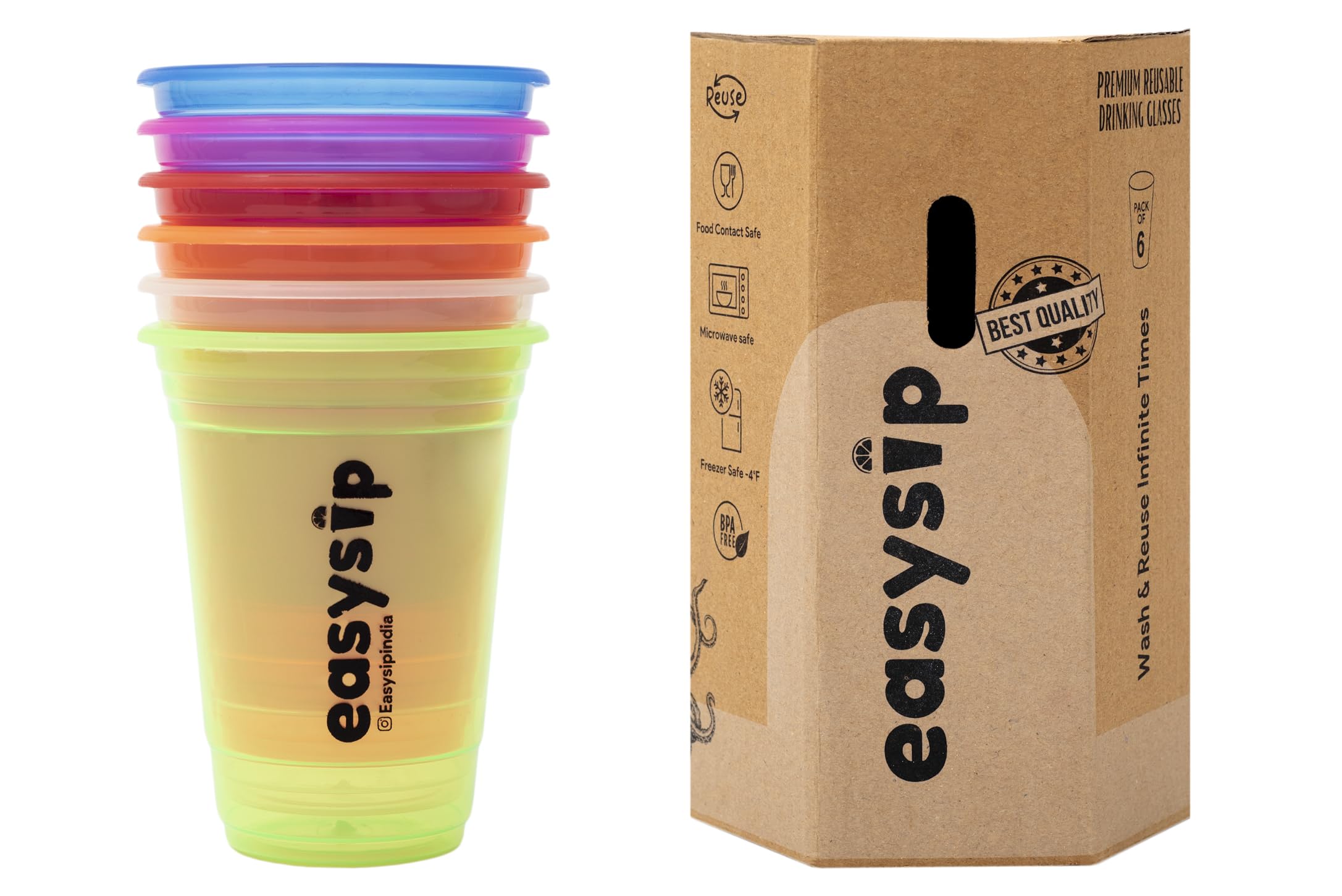 Reusable Party Glasses | Drinking Glass | BPA-Free | Leak Proof House Party Dispenser | Colourful Juice Tumbler Assorted Cups | Pack of 6 (400 ML - Multicolour)