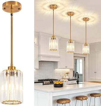 Brushed Gold Crystal Pendant Lights Kitchen Island, Modern Pendant Lighting Over Island Kitchen Hanging Light Fixtures Adjustable Mini Pendant Light for Dining Room Bathroom Entryway Hallway Foyer