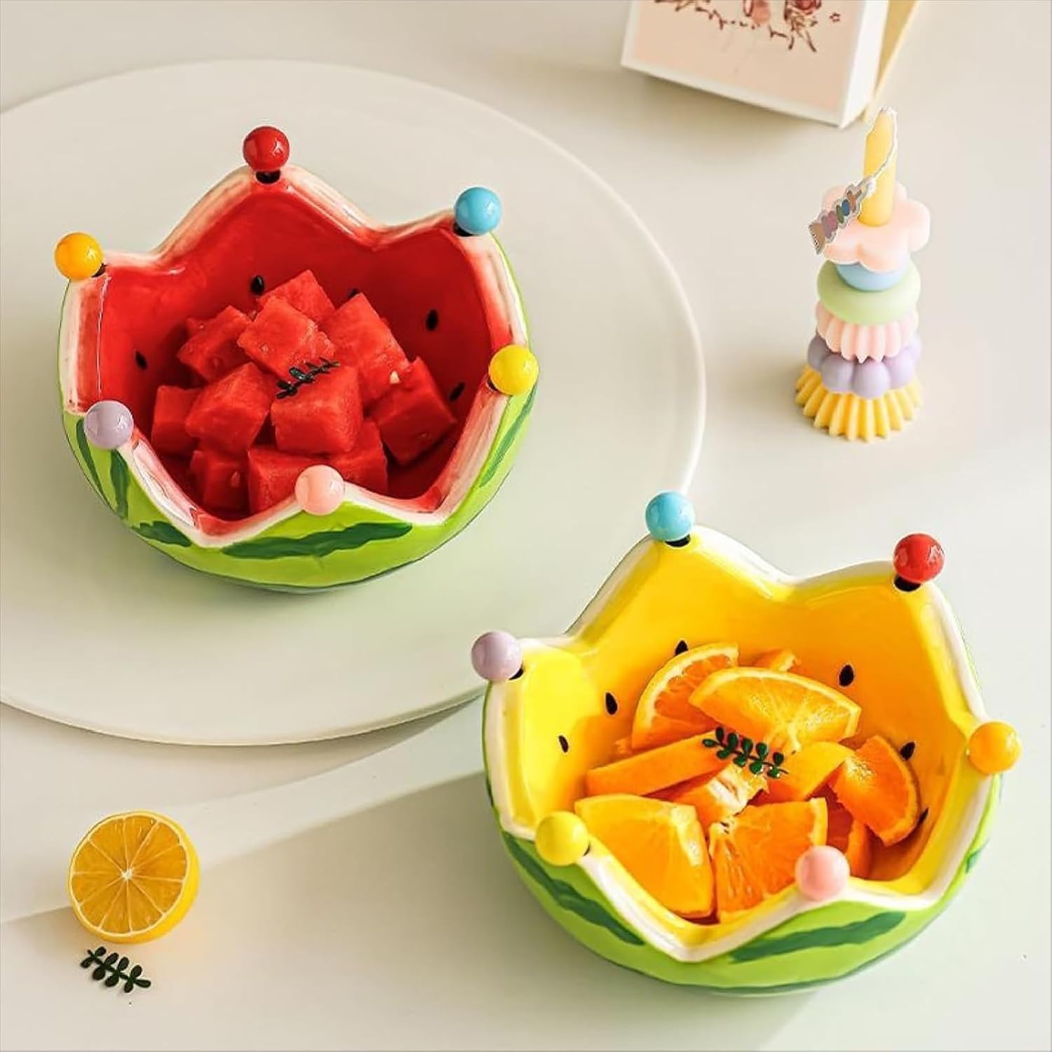 Ceramic Watermelon Snacks Platter Includes 6 Stainless Steel Fruit Forks Tableware For Family Gatherings Barbecues Ceramic Party Tableware